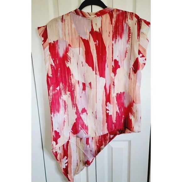 Hale Bob M Top Peach Orange SS Angle Top Shirt Blouse Pocket Chiffon - Picture 2 of 6